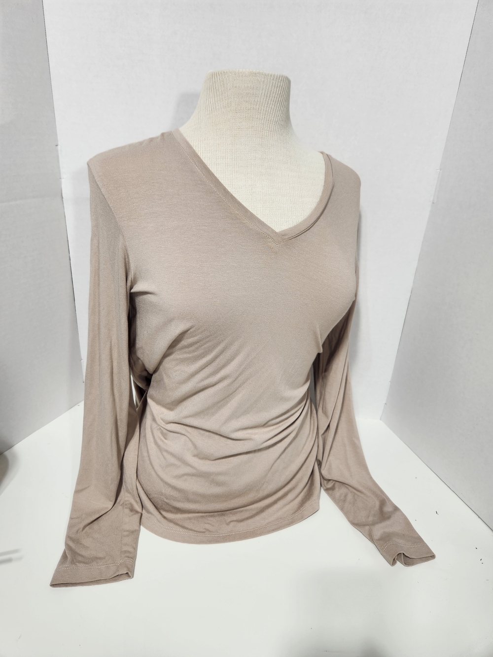 MarlaWynne V-Neck Long Sleeve Top in Light Taupe